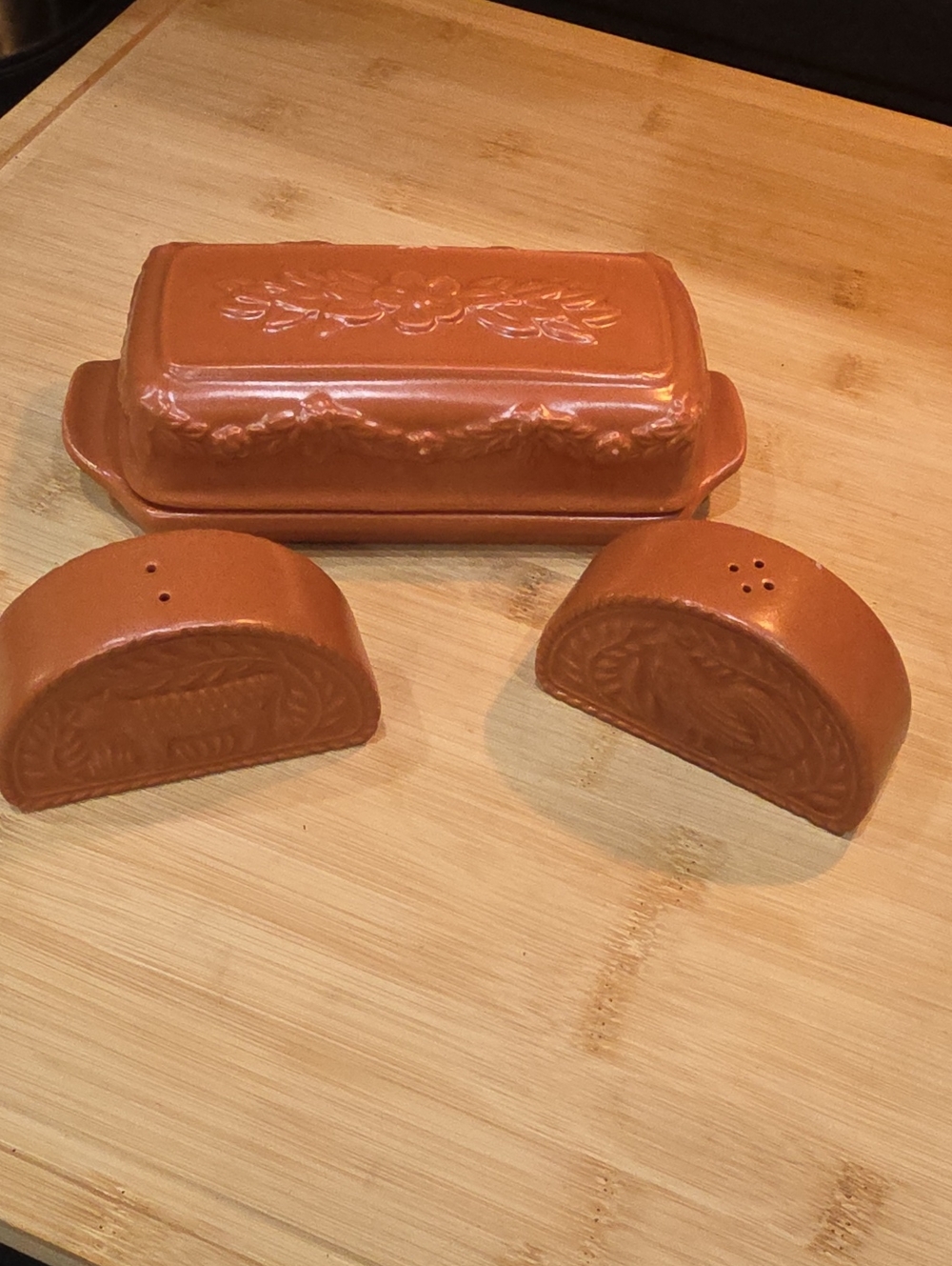 Terracotta Butter Dish with Matching Salt & Pepper Shakers - Rustic Orange Avon